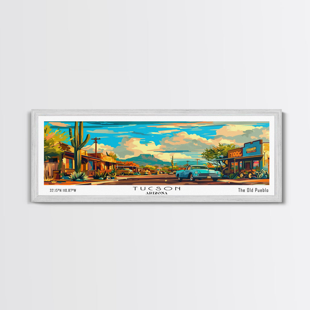 Tucson Arizona Panoramic Wall Art, Mid Century Modern Framed Canvas Print, Retro Pop Art Travel Poster, Office Wall Art, Living Room Decor