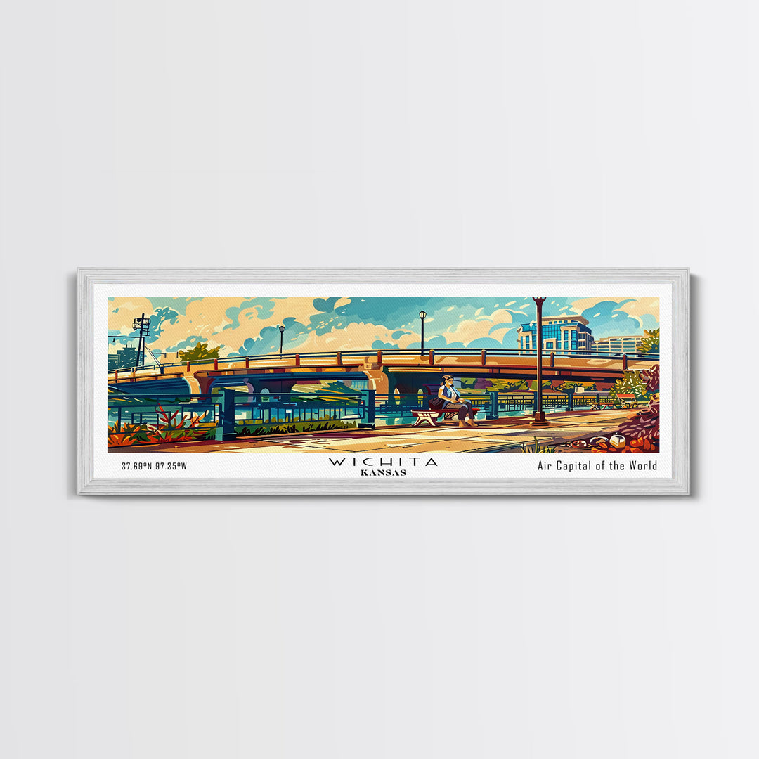 Wichita Kansas Panoramic Painting, Mid Century Modern Framed Canvas Print, Retro Pop Art Travel Poster, Wall Art, Home Decor