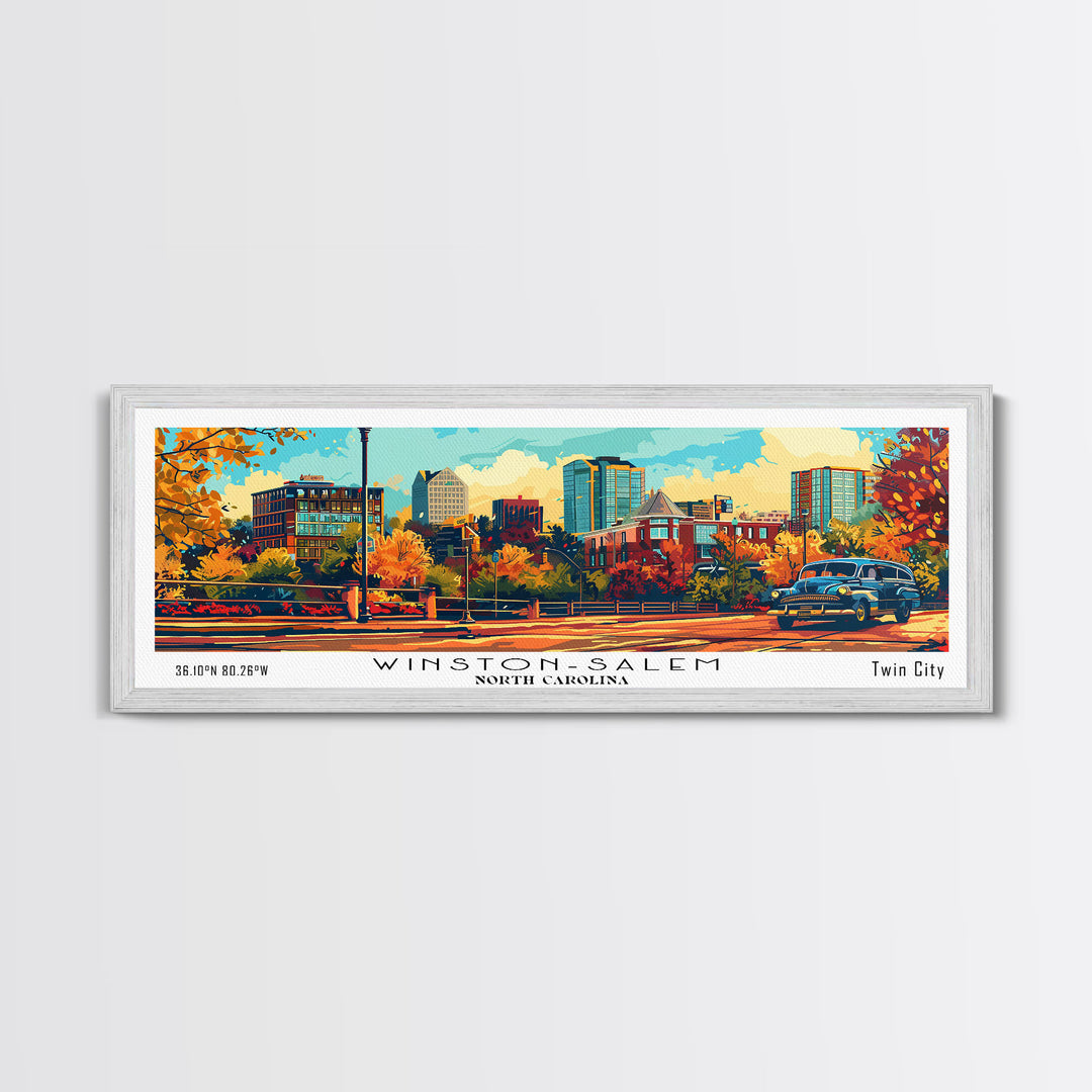 Winston-Salem North Carolina Panoramic Wall Art, Retro Pop Art Framed Canvas Print, Mid Century Modern Travel Poster, Wall Hanging