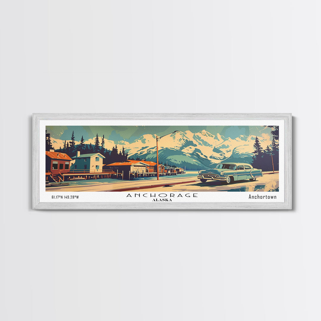 Anchorage Alaska Panoramic Painting, Mid Century Modern Framed Canvas Print, Retro Pop Art Travel Poster, Wall Art, Home Decor, Office Art