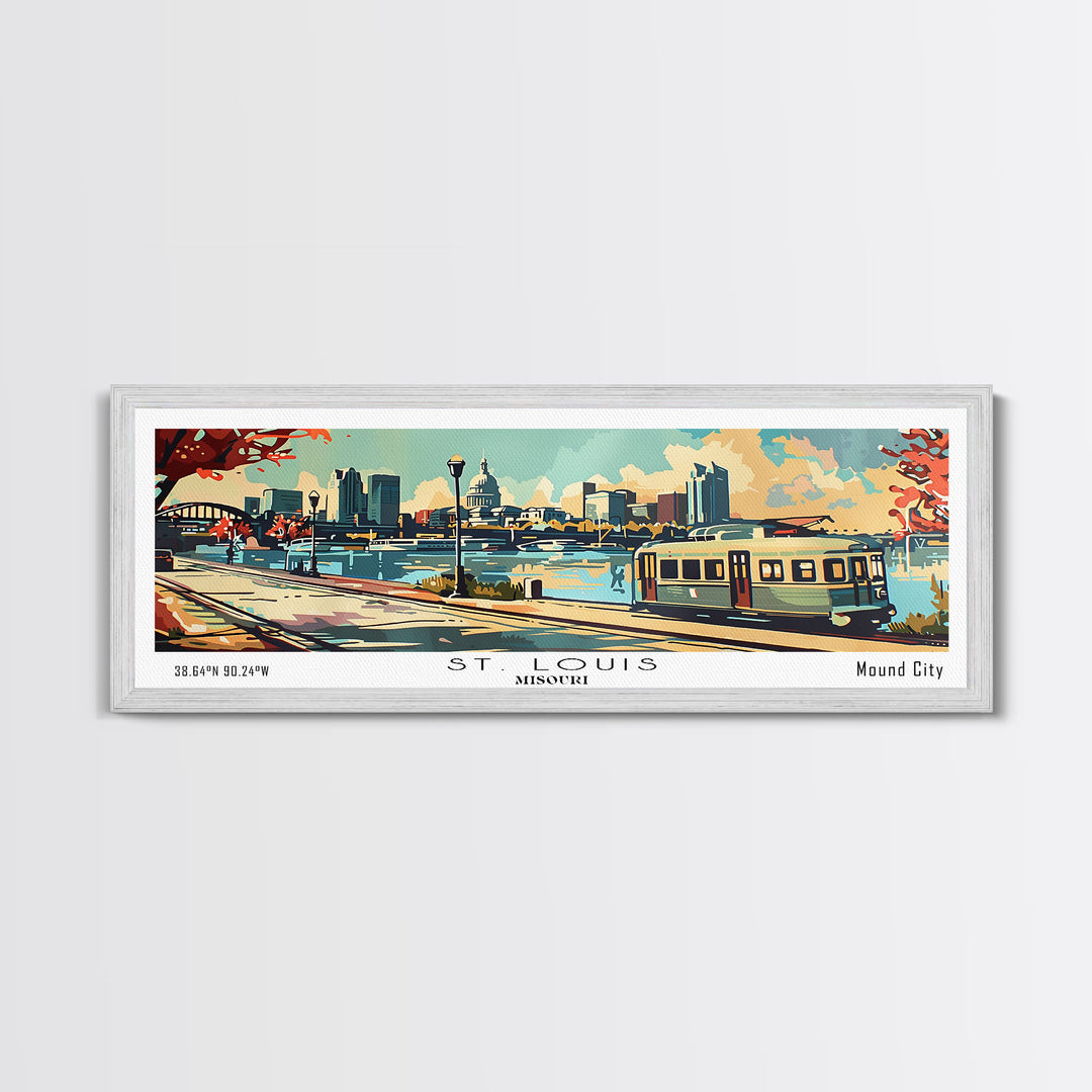 St. Louis Missouri Panoramic Painting, Mid Century Modern Framed Canvas Print, Retro Pop Art Travel Poster, Living Room Wall Art and Office Decor