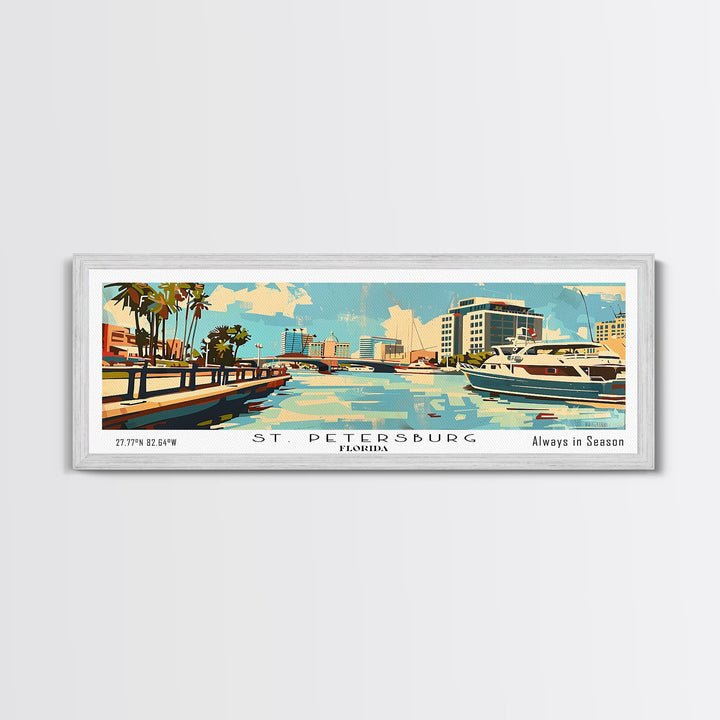 St. Petersburg Florida Panoramic Wall Art, Mid Century Modern Framed Canvas Print, Retro Pop Art Travel Poster, Living Room and Office Wall Art