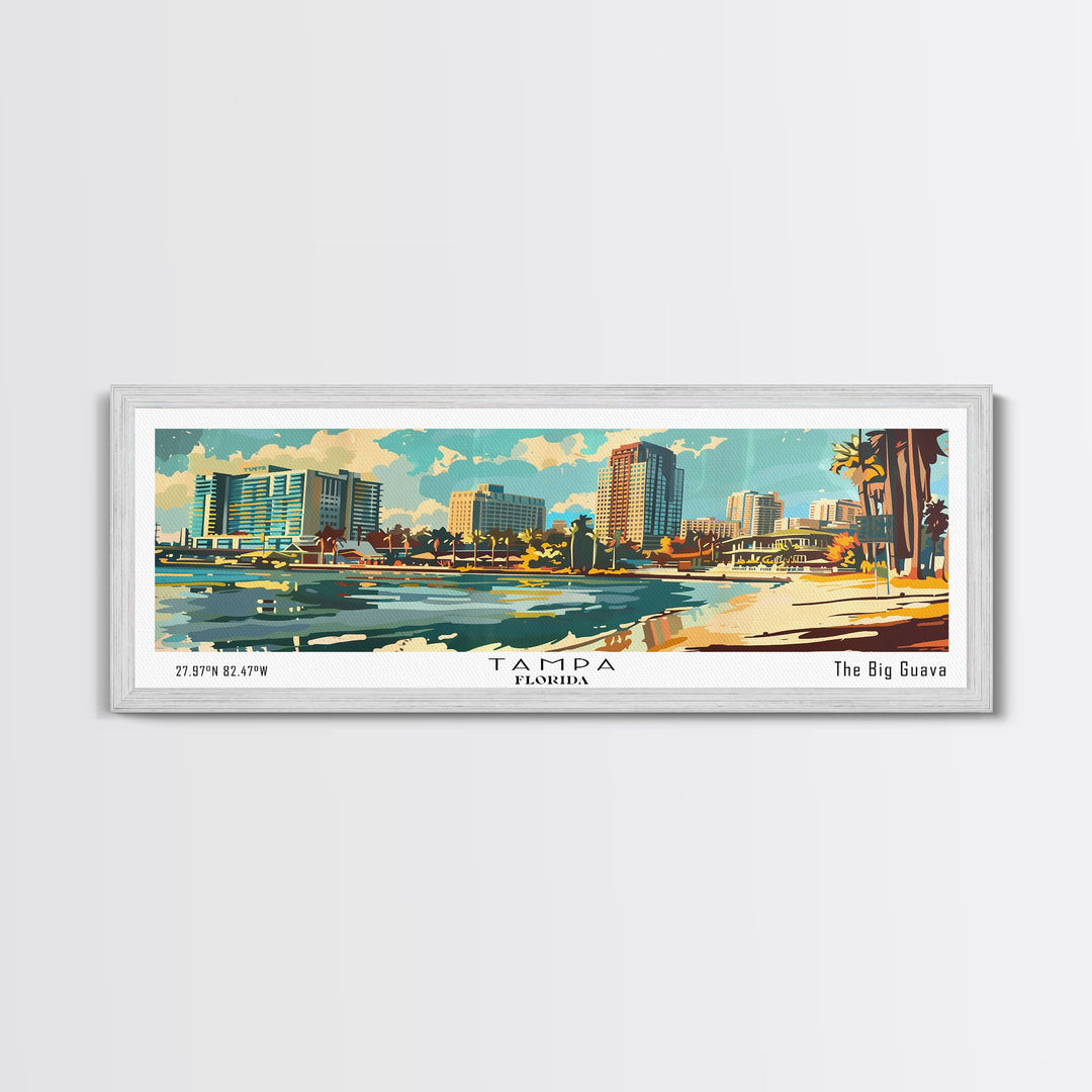 Tampa Florida Panoramic Wall Art, Mid Century Modern Framed Canvas Print, Retro Pop Art Travel Poster, Living Room and Office Wall Art