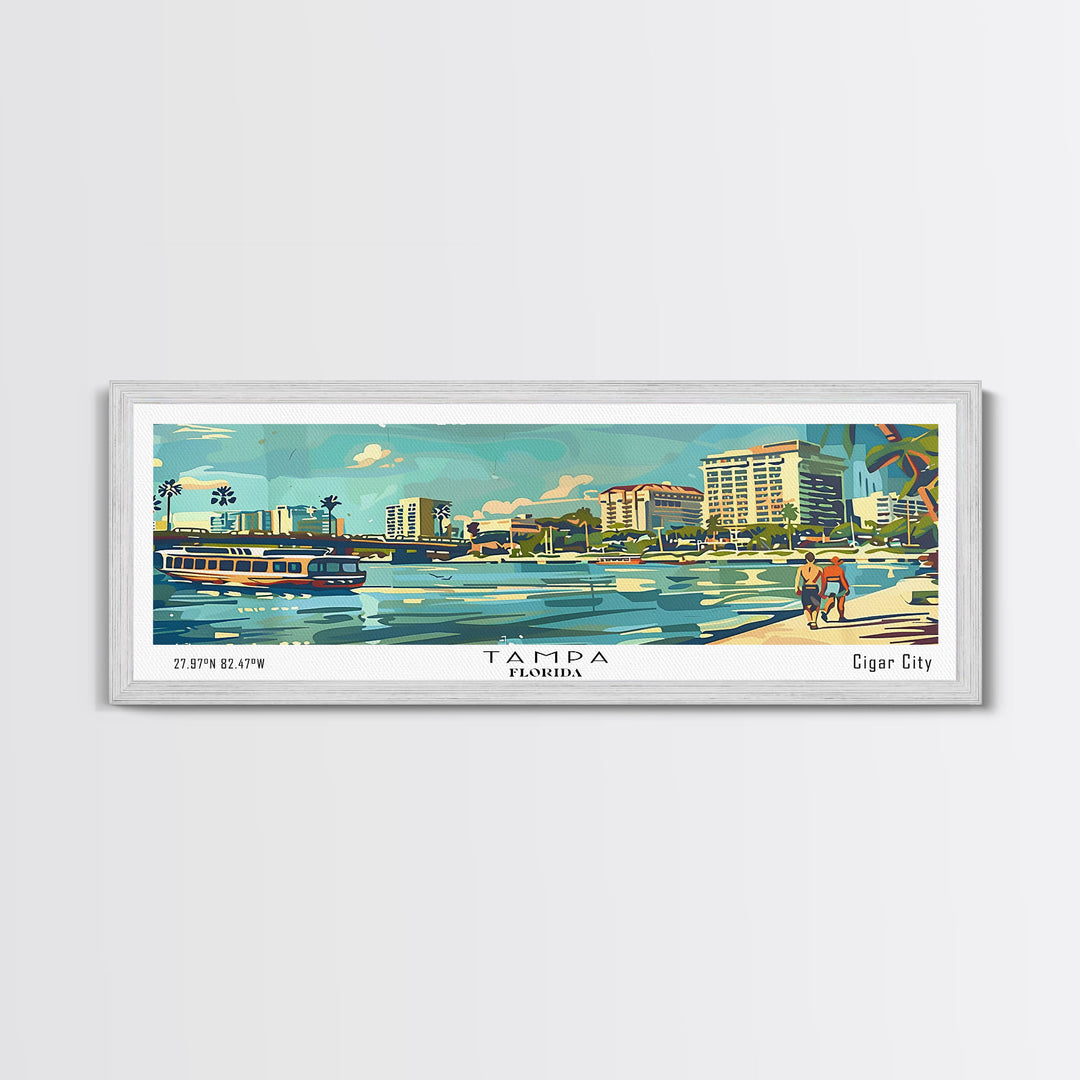 Tampa Florida Panoramic Painting, Mid Century Modern Framed Canvas Print, Retro Pop Art Travel Poster, Living Room and Office Decor