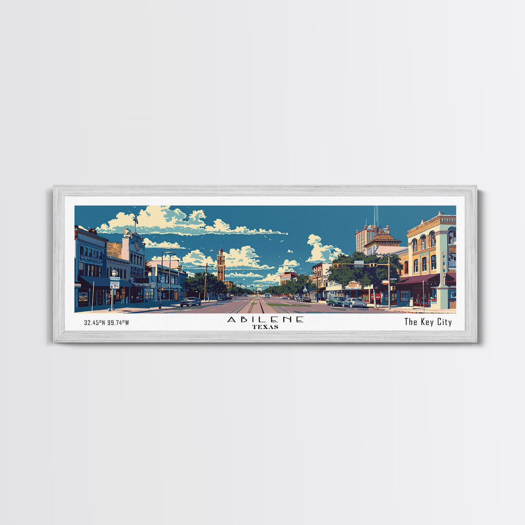 Abilene Texas Panoramic Painting, Mid Century Modern Framed Canvas Print, Retro Pop Art Travel Poster, Office Wall Art Decor, City Print