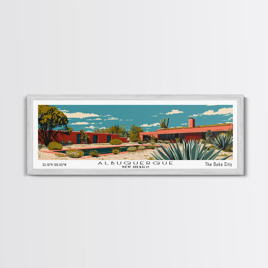 Albuquerque New Mexico Panoramic Painting, Mid Century Modern Framed Canvas Print, Retro Pop Art Travel Poster, Home Decor, City Print