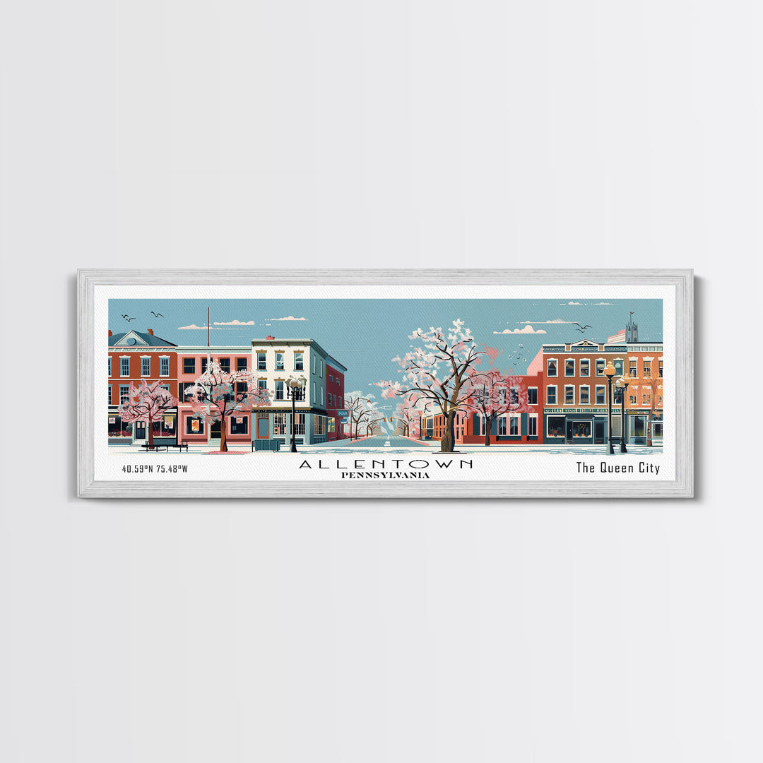 Allentown Pennsylvania Panoramic Painting, Mid Century Modern Framed Canvas Print, Retro Pop Art Travel Poster, Office Art, City Print