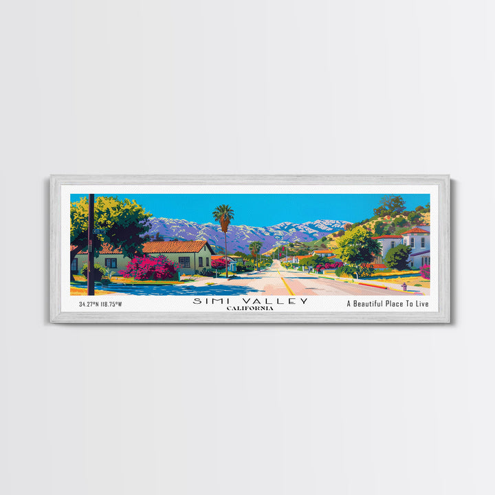 Simi Valley California Panoramic Painting, Mid Century Modern Framed Canvas Print, Retro Pop Art Travel Poster, Living Room Wall Art Decor