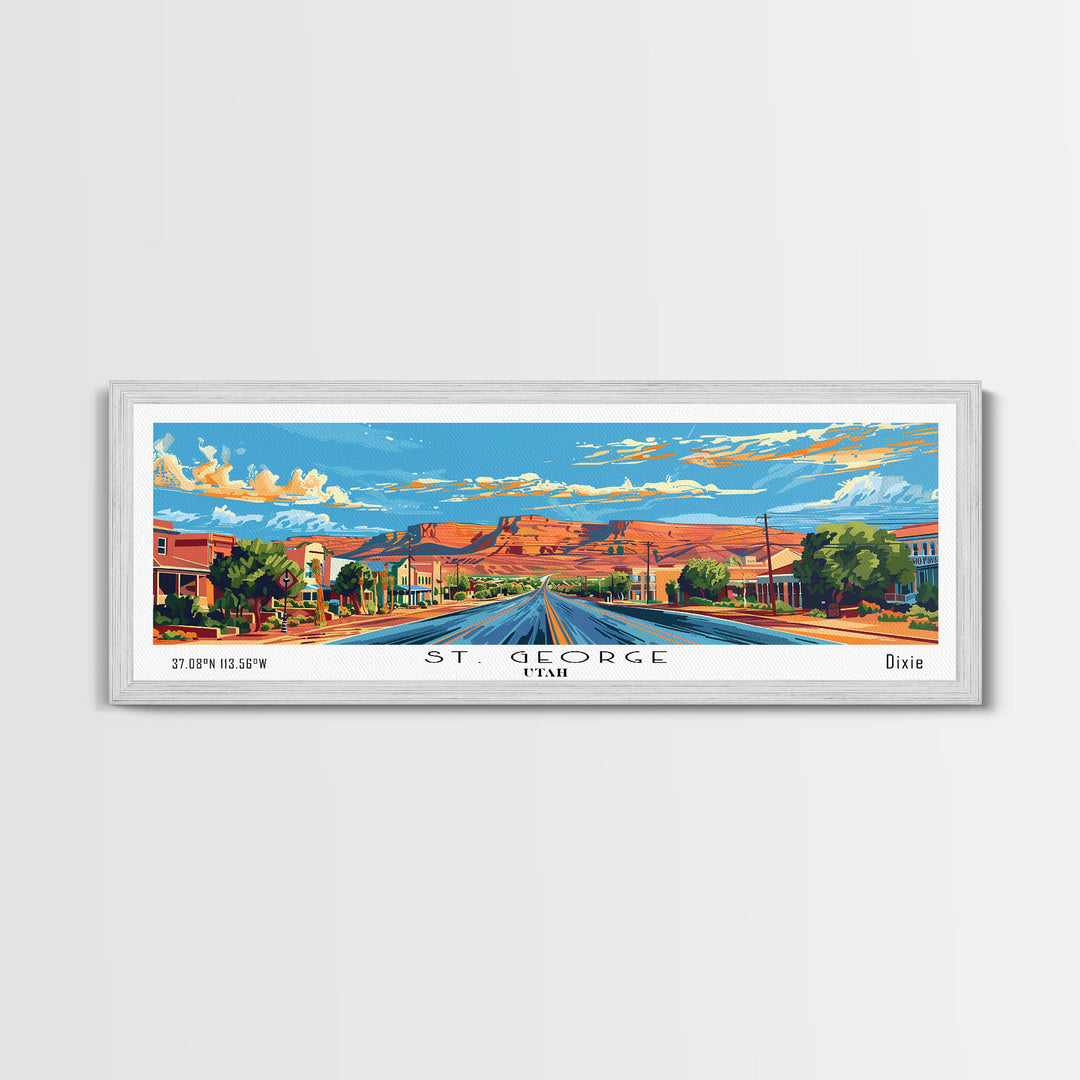 St. George Utah Panoramic Wall Art, Mid Century Modern Framed Canvas Print, Retro Pop Art Travel Poster, Office Wall Decor and Gift Idea