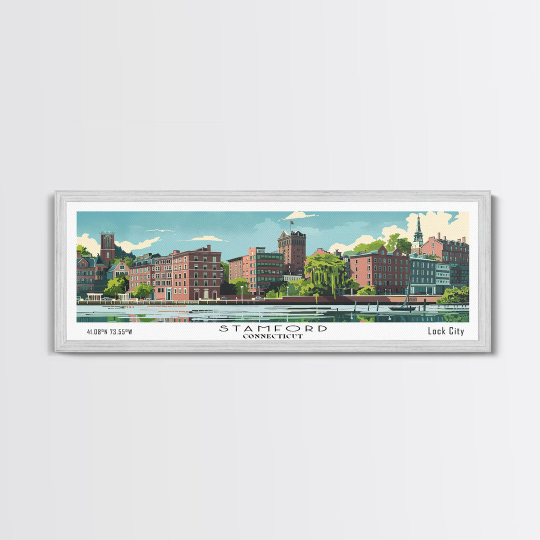 Stamford Connecticut Panoramic Wall Art, Mid Century Modern Framed Canvas Print, Retro Pop Art Travel Poster, Living Room and Office Decor