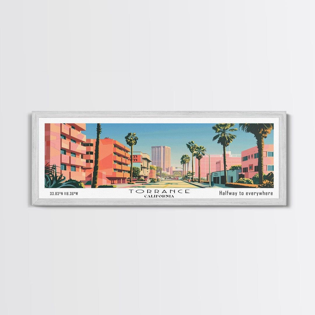 Torrance California Panoramic Wall Art, Mid Century Modern Framed Canvas Print, Retro Pop Art Travel Poster, Living Room and Office Decor