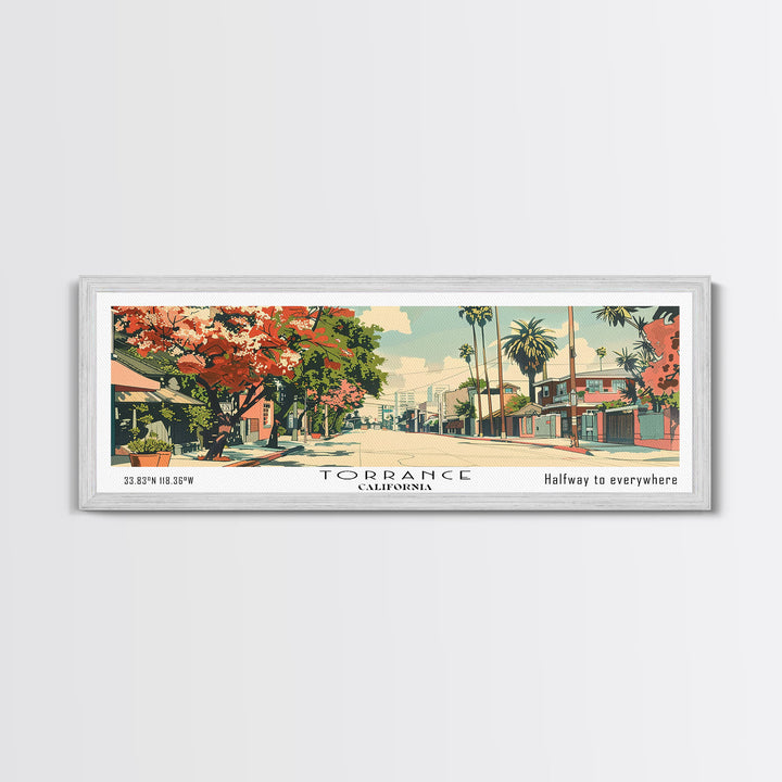 Torrance California Panoramic Painting, Mid Century Modern Framed Canvas Print, Retro Pop Art Travel Poster, Wall Hanging for Home Decor