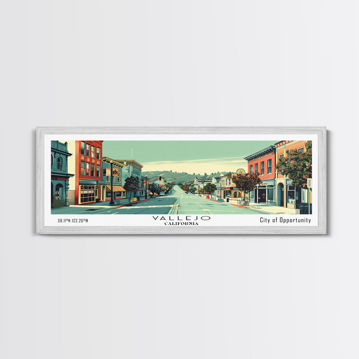 Vallejo California Panoramic Art, Mid Century Modern Framed Canvas Print, Retro Pop Art Travel Poster, City Print, Living Room Wall Decor