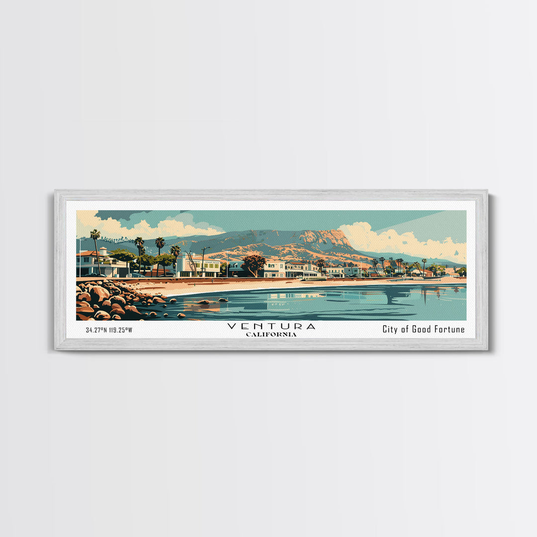 Ventura California Panoramic Wall Art, Mid Century Modern Framed Canvas Print, Retro Pop Art Travel Poster, City Art, Home Decoration