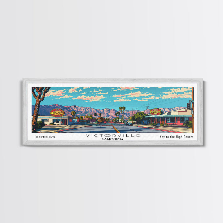 Victorville California Panoramic Wall Art, Mid Century Modern Framed Canvas Print, Retro Pop Art Travel Poster, City Art, Home Decoration