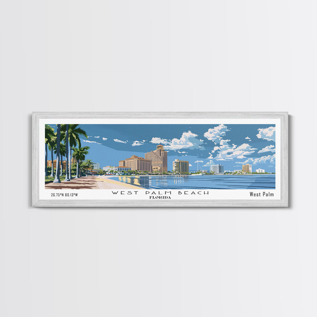 West Palm Beach Florida Panoramic Wall Art, Mid Century Modern Framed Canvas Print, Retro Pop Art Travel Poster, City Art, Home Decoration