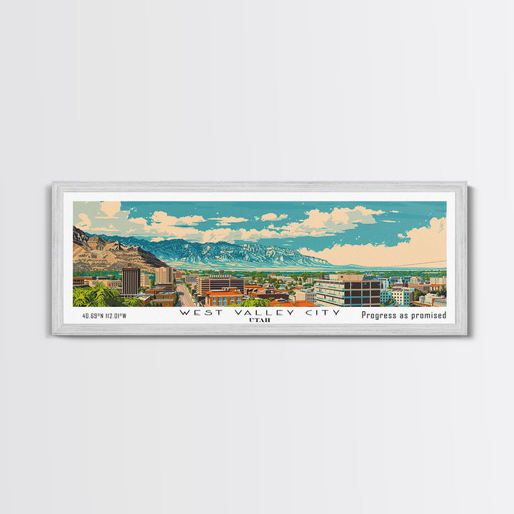 West Valley City Utah Panoramic Painting, Mid Century Modern Framed Canvas Print, Retro Pop Art Travel Poster, Office Wall Art, Home Decoration