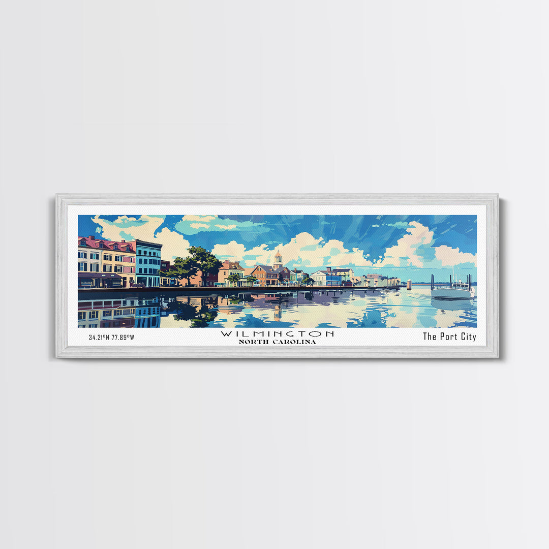 Wilmington North Carolina Panoramic Wall Art, Mid Century Modern Framed Canvas Print, Retro Pop Art Travel Poster, City Art, Home Decoration