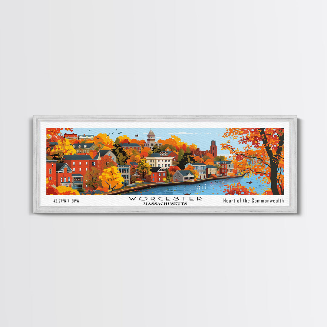 Worcester Massachusetts Panoramic Art, Mid Century Modern Framed Canvas Print, Retro Pop Art Travel Poster, City Print, Living Room Wall Decor