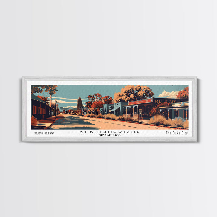 Albuquerque New Mexico Panoramic Painting, Framed Canvas Print, Mid Century Modern Wall Art, Retro Pop Art Travel Poster, Office Decor, City Art