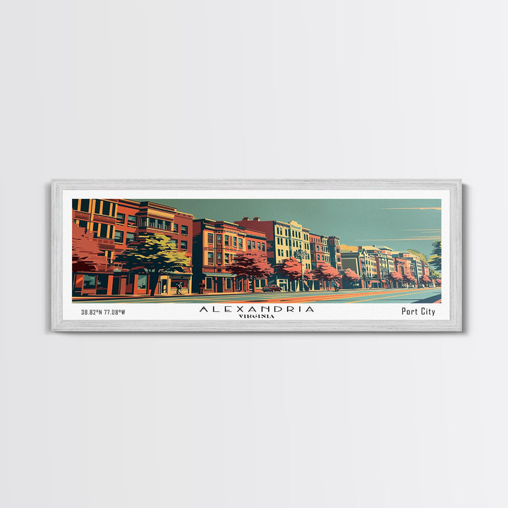 Alexandria Virginia Panoramic Painting, Framed Canvas Print, Mid Century Modern Wall Art, Retro Pop Art Travel Poster, Living Room Decor, City Art