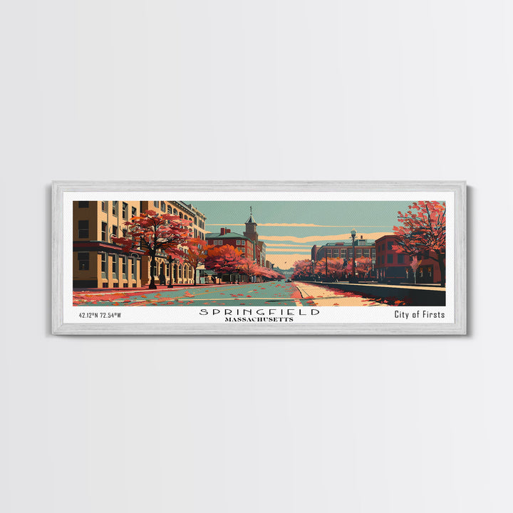 Springfield Massachusetts Panoramic Wall Art, Mid Century Modern Framed Canvas Print, Retro Pop Art Cityscape, Travel Poster, Living Room Decor