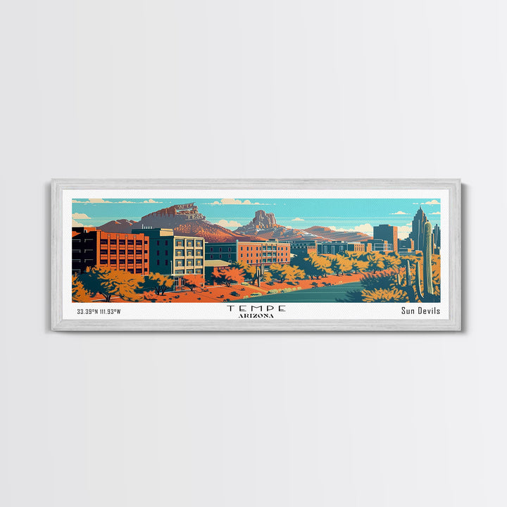 Tempe Arizona Panoramic Painting, Mid Century Modern Framed Canvas Print, Retro Pop Art Travel Poster, Cityscape, Home Decor, Office Wall Art