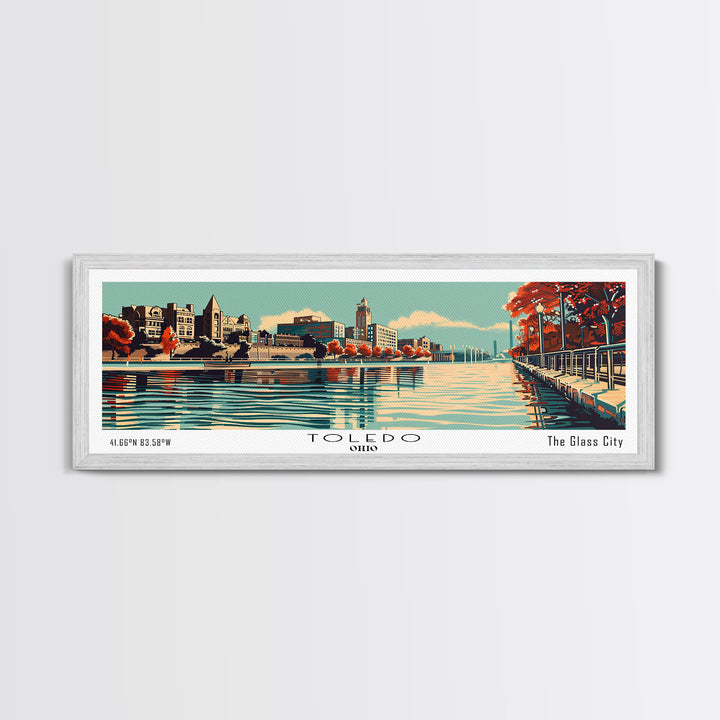 Toledo Ohio Panoramic Wall Art, Mid Century Modern Framed Canvas Print, Retro Pop Art Cityscape, Travel Poster, Living Room Decor