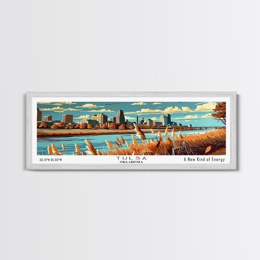 Tulsa Oklahoma Panoramic Wall Art, Mid Century Modern Framed Canvas Print, Retro Pop Art Travel Poster, Cityscape Decor, Office Wall Art