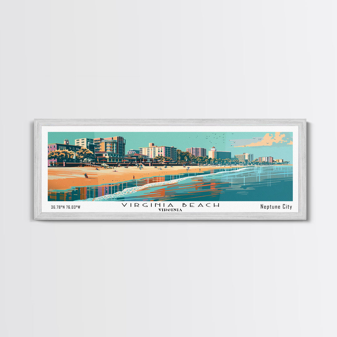 Virginia Beach Virginia Panoramic Wall Art, Mid Century Modern Framed Canvas Print, Retro Pop Art Travel Poster, Beach City Art, Home Office Decor