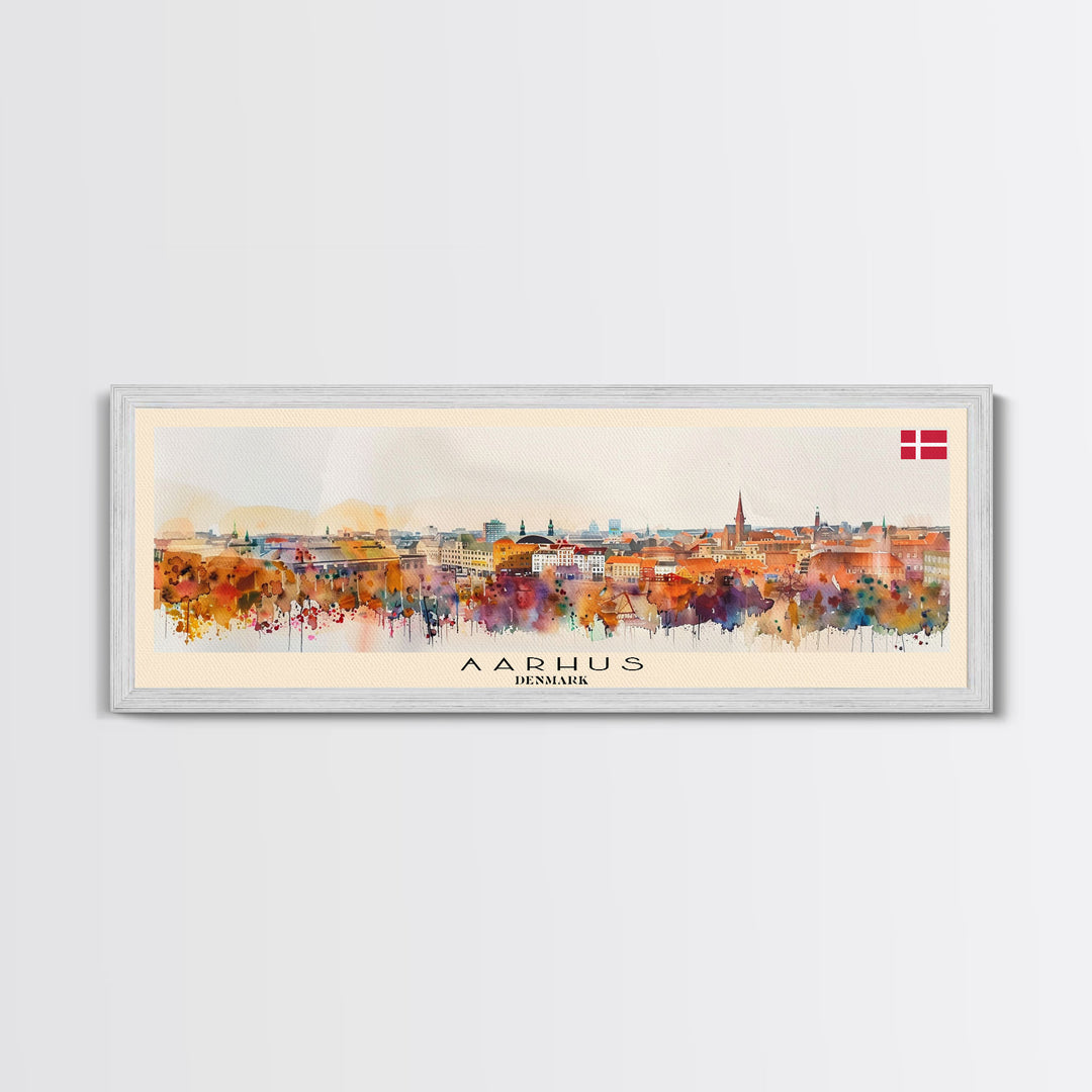 Aarhus Denmark Panoramic Travel Poster, Framed Canvas Print or Metal Wall Art, Travel Art, Home Decor, Panoramic Painting, Midcentury Art