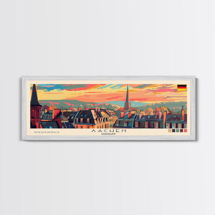 Aachen Germany  Panoramic Travel Poster, Framed Canvas Print or Metal Wall Art, Travel Art, Home Decor, Panoramic Painting, Midcentury Art