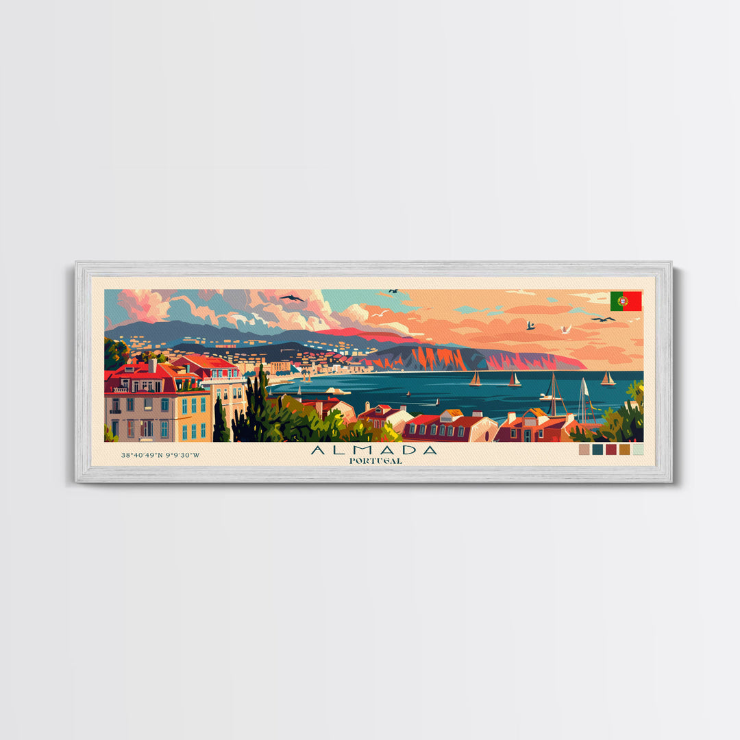 Almada  Portugal Travel Art, City Art, Framed Canvas Print or Metal Wall Art, Europe Travel Poster, Panoramic Wall Art, Extra Wide Wall Art