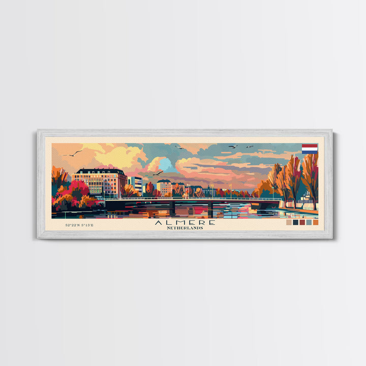 Almere Netherlands Panoramic Travel Poster, Framed Canvas Print or Metal Wall Art, Travel Art, Home Decor, Panoramic Painting, Midcentury Art