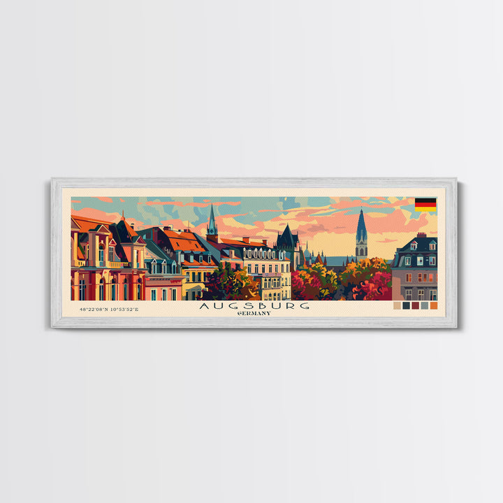 Augsburg Germany Panoramic Travel Poster, Framed Canvas Print or Metal Wall Art, Travel Art, Home Decor, Panoramic Painting, Midcentury Art