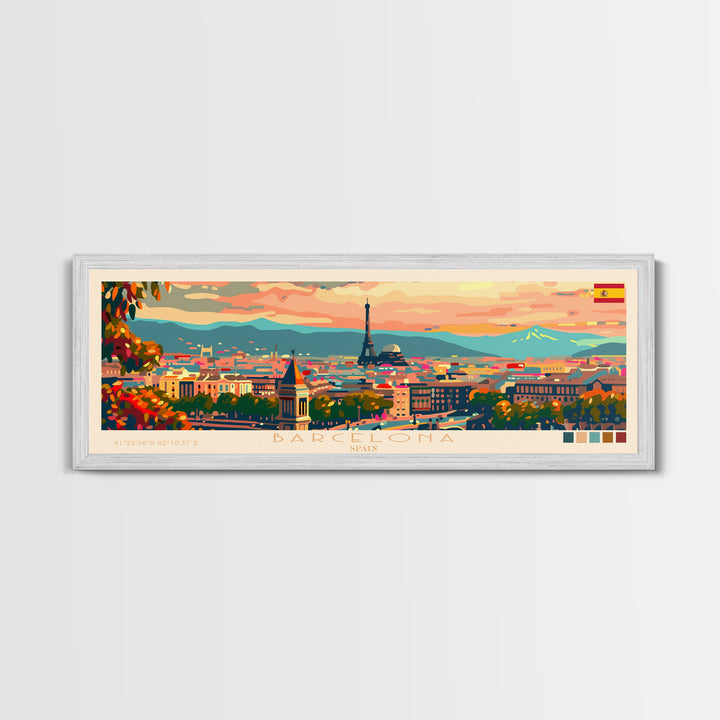 Barcelona Spain Travel Print Wall Art, Panoramic City Art, Travel Art, Wall Decor, Vacation Gift, Framed Canvas Print Or Metal Art