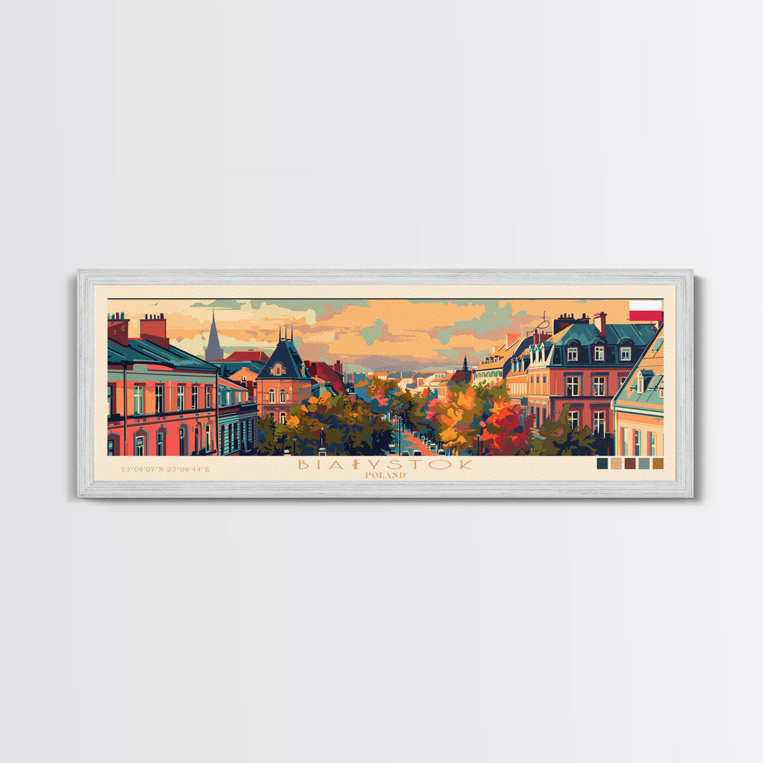 Bialystok Poland Panoramic Travel Poster, Framed Canvas Print or Metal Wall Art, Travel Art, Home Decor, Panoramic Painting, Midcentury Art