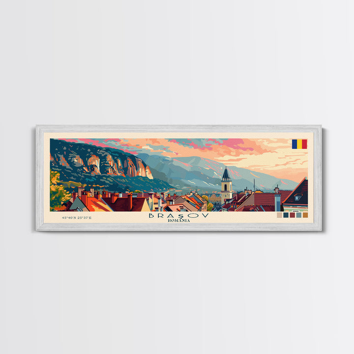 Brasov Romania Panoramic Travel Poster, Framed Canvas Print or Metal Wall Art, Travel Art, Home Decor, Panoramic Painting, Midcentury Art