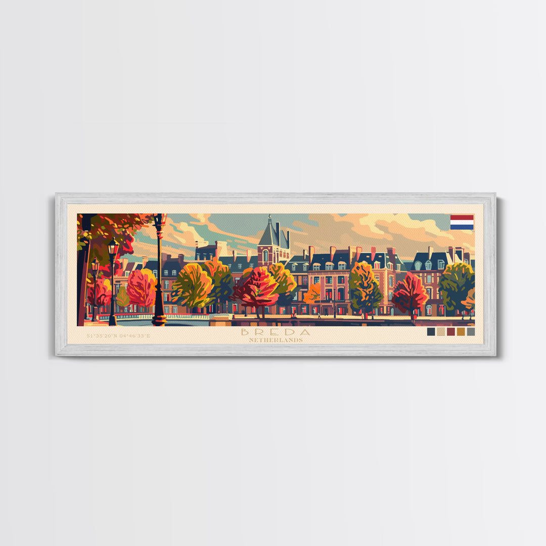 Breda Netherlands Panoramic Travel Poster, Framed Canvas Print or Metal Wall Art, Travel Art, Home Decor, Panoramic Painting, Midcentury Art