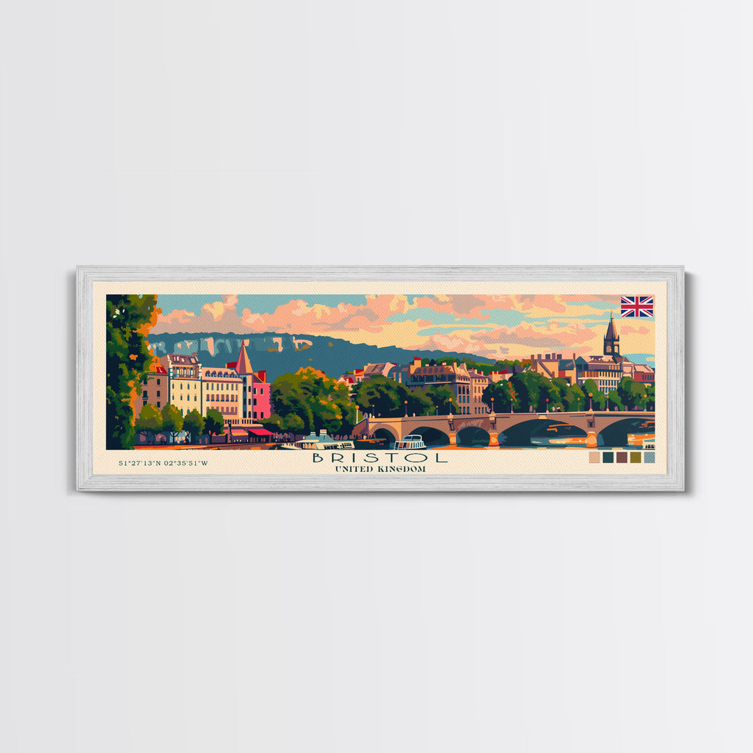 Bristol United Kingdom Panoramic Travel Poster, Framed Canvas Print or Metal Wall Art, Travel Art, Home Decor, Panoramic Painting, Midcentury Art