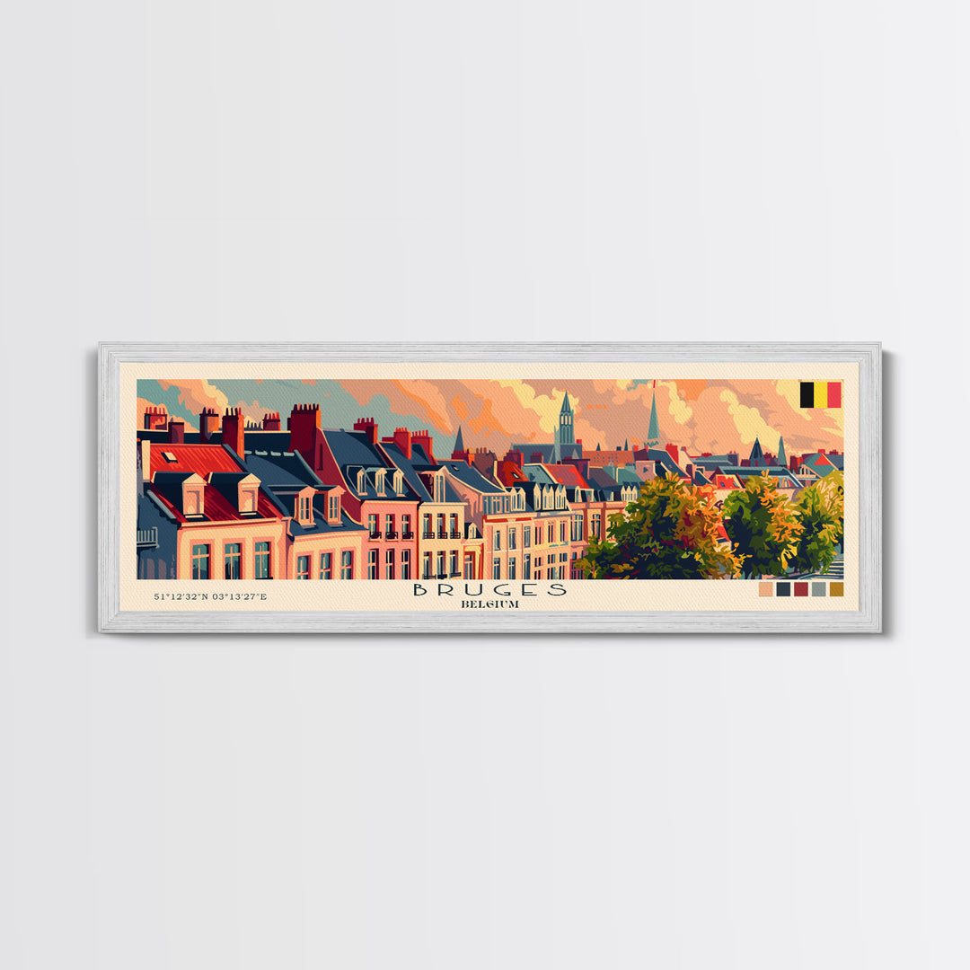 Bruges Belgium Travel Art, City Art, Framed Canvas Print or Metal Wall Art, Europe Travel Poster, Panoramic Wall Art, Extra Wide Wall Art