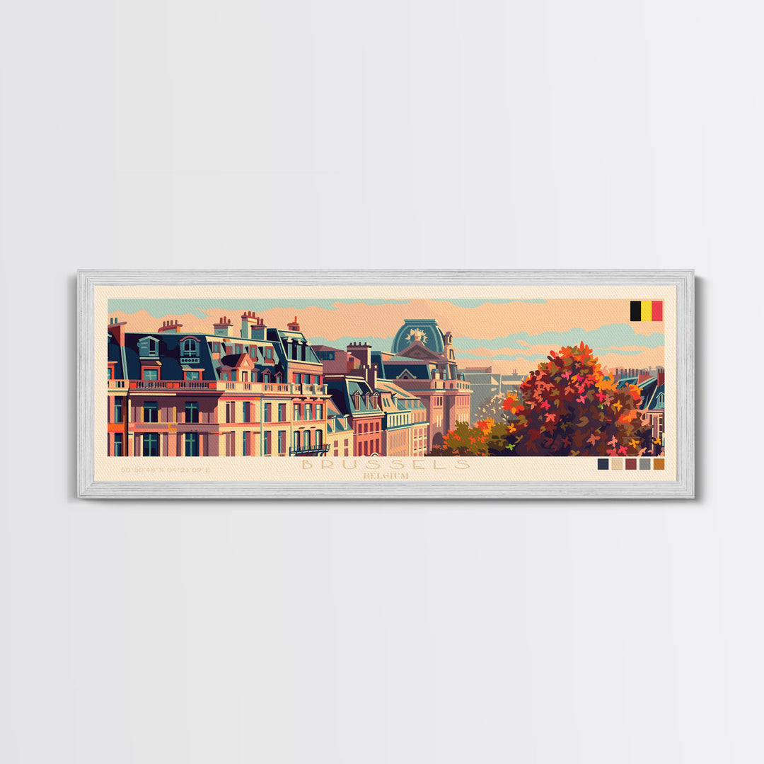 Brussels Belgium Panoramic Travel Poster, Framed Canvas Print or Metal Wall Art, Travel Art, Home Decor, Panoramic Painting, Midcentury Art