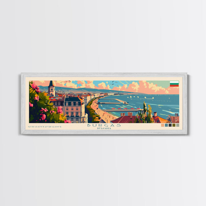 Burgas Bulgaria Panoramic Travel Poster, Framed Canvas Print or Metal Wall Art, Travel Art, Home Decor, Panoramic Painting, Midcentury Art