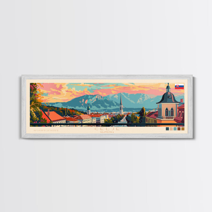 Celje Slovenia Panoramic Travel Poster, Framed Canvas Print or Metal Wall Art, Travel Art, Home Decor, Panoramic Painting, Midcentury Art