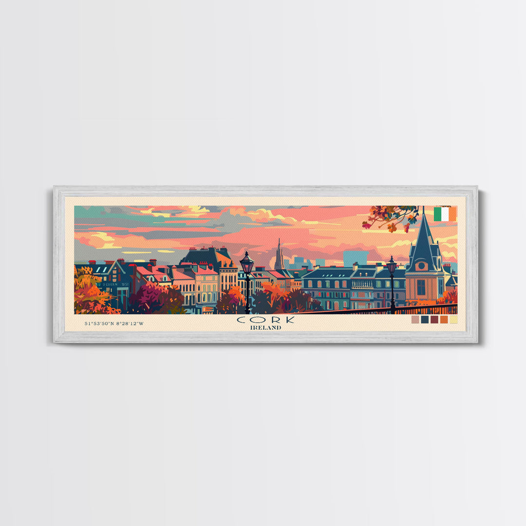 Cork Ireland Panoramic Travel Poster, Framed Canvas Print or Metal Wall Art, Travel Art, Home Decor, Panoramic Painting, Midcentury Art