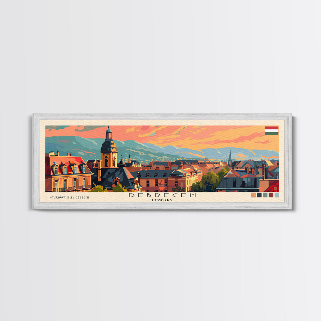 Debrecen Hungary Panoramic Travel Poster, Framed Canvas Print or Metal Wall Art, Travel Art, Home Decor, Panoramic Painting, Midcentury Art