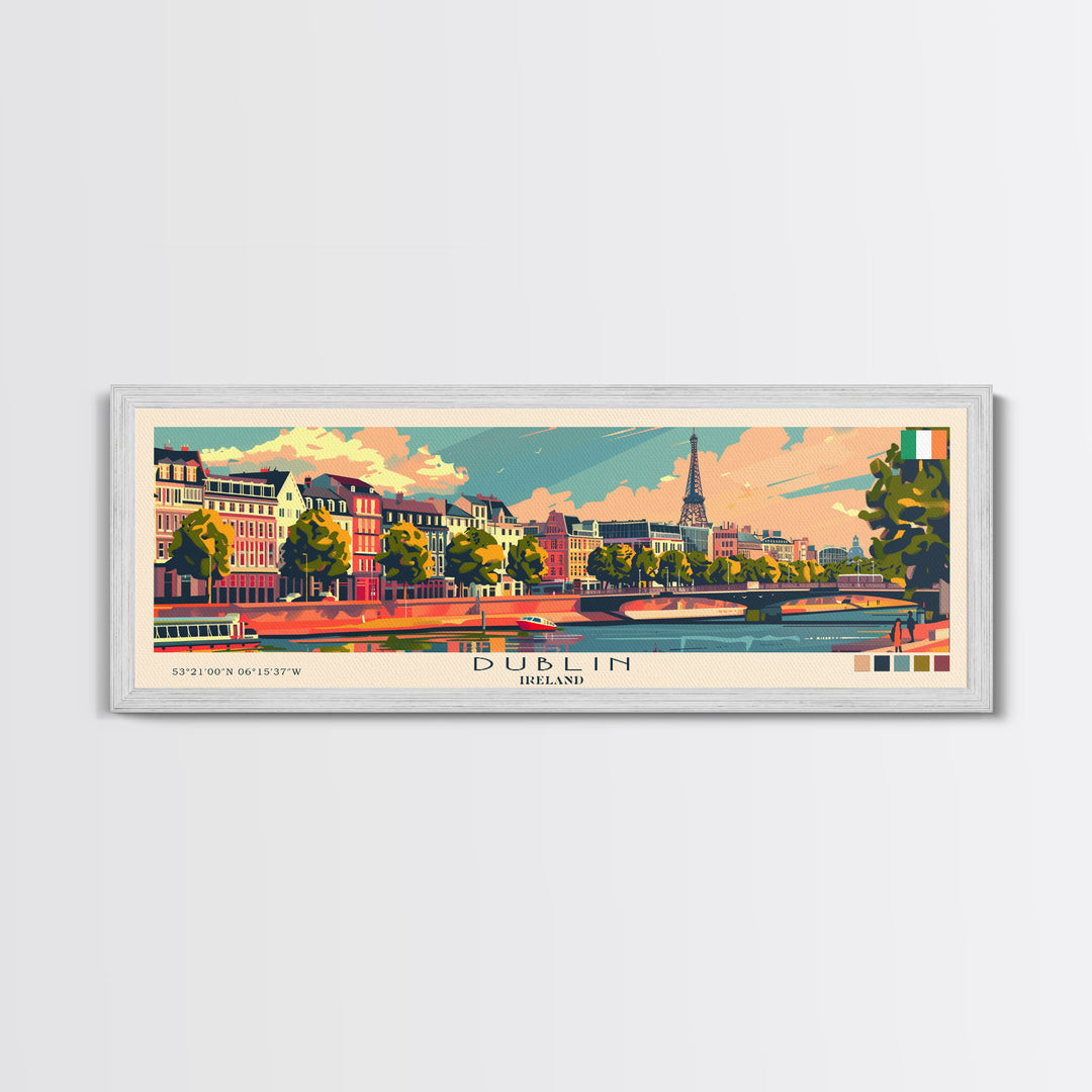 Dublin Ireland Panoramic Travel Poster, Framed Canvas Print or Metal Wall Art, Travel Art, Home Decor, Panoramic Painting, Midcentury Art