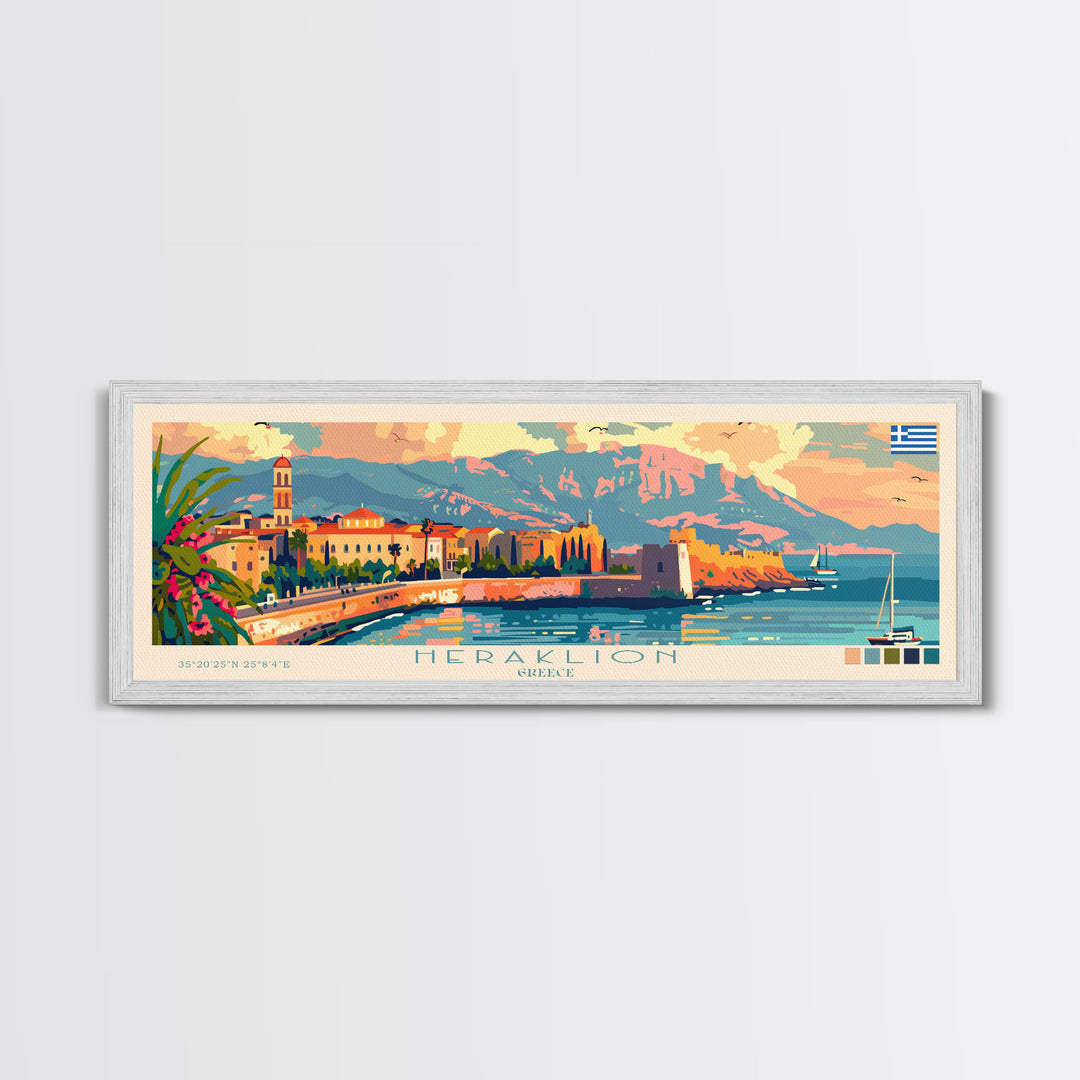 Heraklion Greece Panoramic Travel Poster, Framed Canvas Print or Metal Wall Art, Travel Art, Home Decor, Panoramic Painting, Midcentury Art