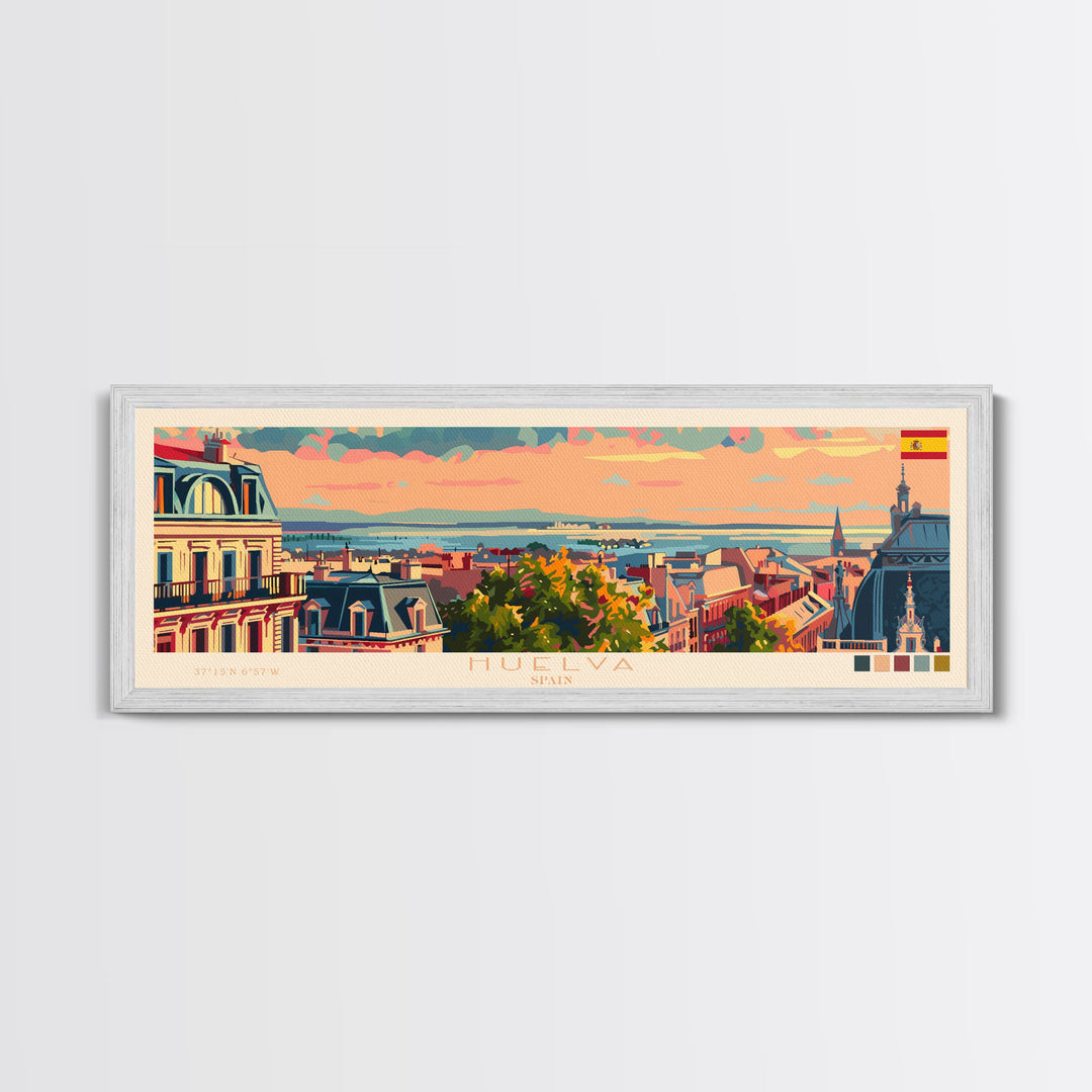 Huelva Spain Panoramic Travel Poster, Framed Canvas Print or Metal Wall Art, Travel Art, Home Decor, Panoramic Painting, Midcentury Art