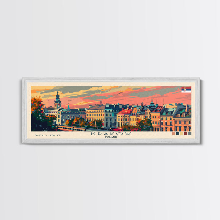 Krakow Poland Travel Art, City Art, Framed Canvas Print or Metal Wall Art, Europe Travel Poster, Panoramic Wall Art, Extra Wide Wall Art